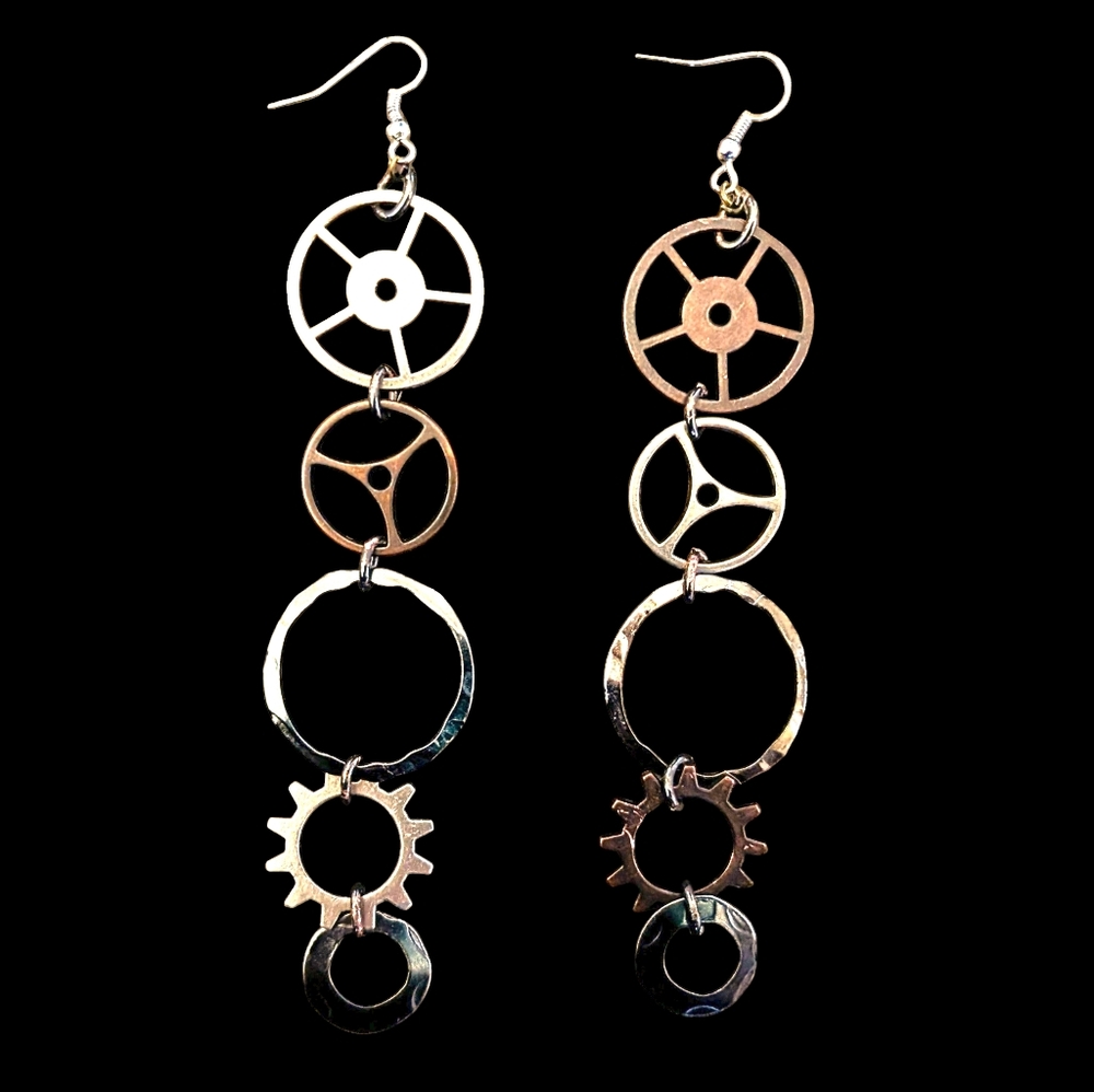 Handmade Long Dangly Steampunk Goth Gears Drop Earrings